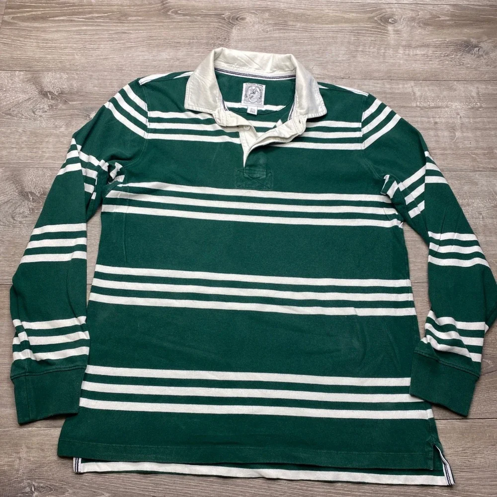 Lands End Rugby Shirt Mens Med Tall 100% Cotton Green White Stripe Long Sleeve - Picture 1 of 8